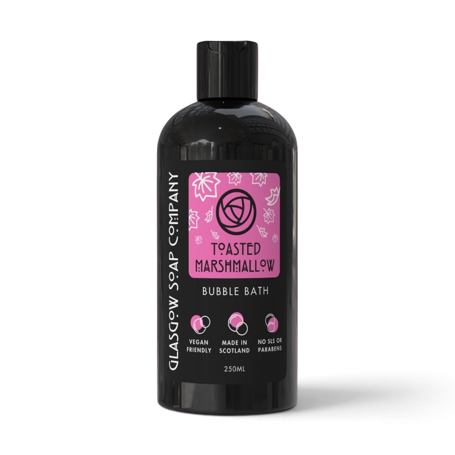 Glasgow Soap Company Ltd Toasted Marshmallow bubble bath in a sleek 250ml black bottle with a pink label.