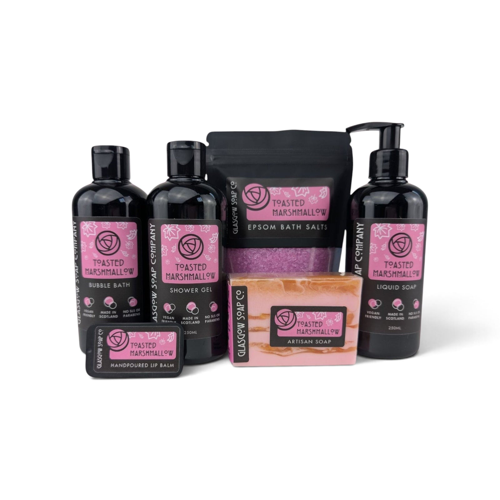 Glasgow Soap Company Ltd Toasted Marshmallow bath and body care collection including bubble bath, soap, and salts.