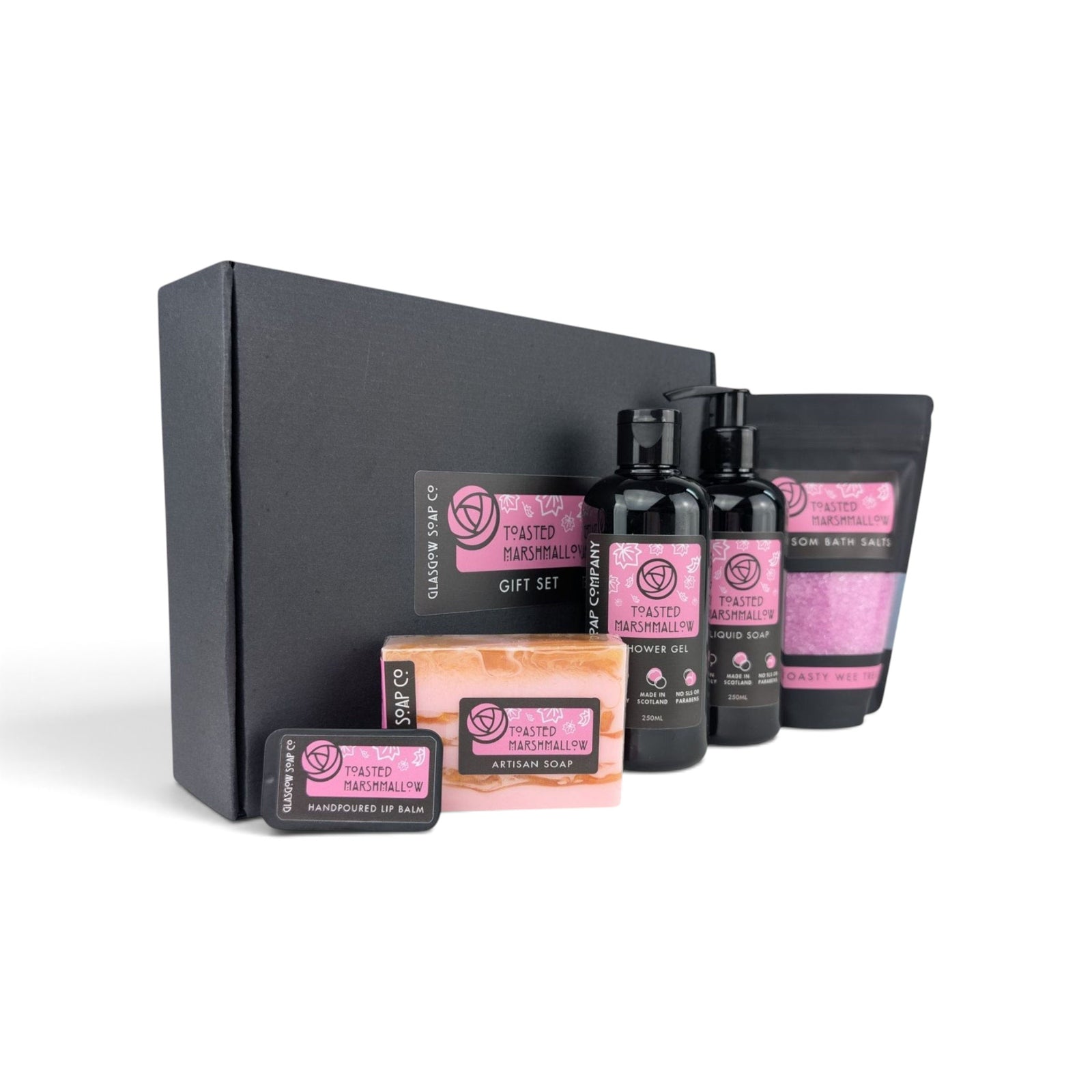 Glasgow Soap Company Ltd Toasted Marshmallow gift set featuring soap, shower gel, bath salts, and lip balm in a box.