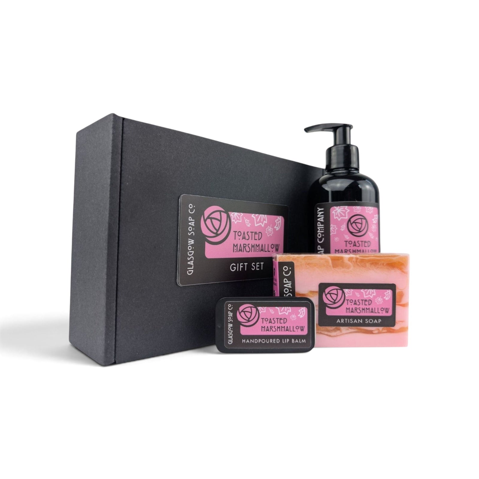 Glasgow Soap Company Ltd Toasted Marshmallow gift set featuring liquid soap, handmade soap, and lip balm in a box.