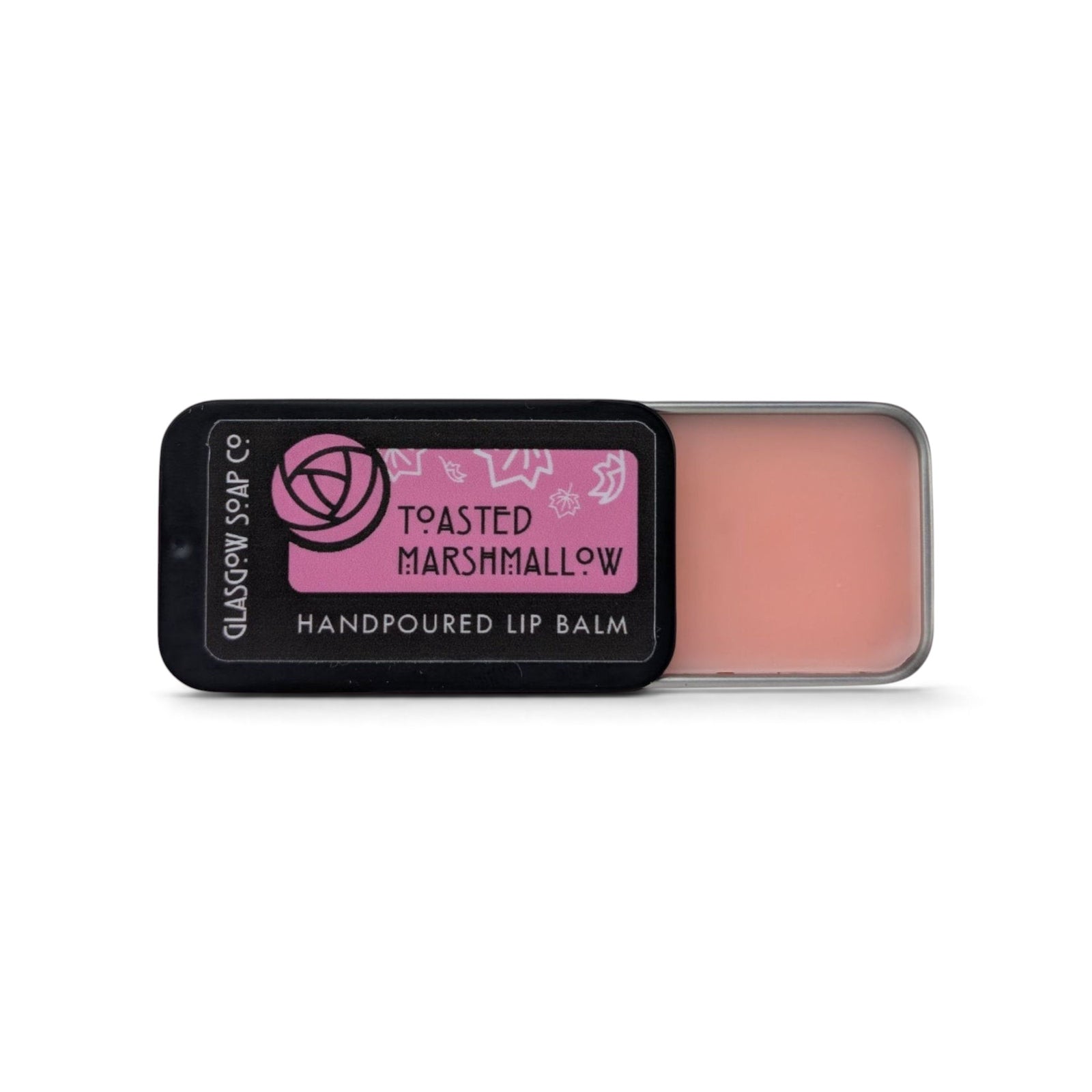 Glasgow Soap Company Ltd Toasted Marshmallow lip balm in a sliding 15g tin with a pink balm and black label.