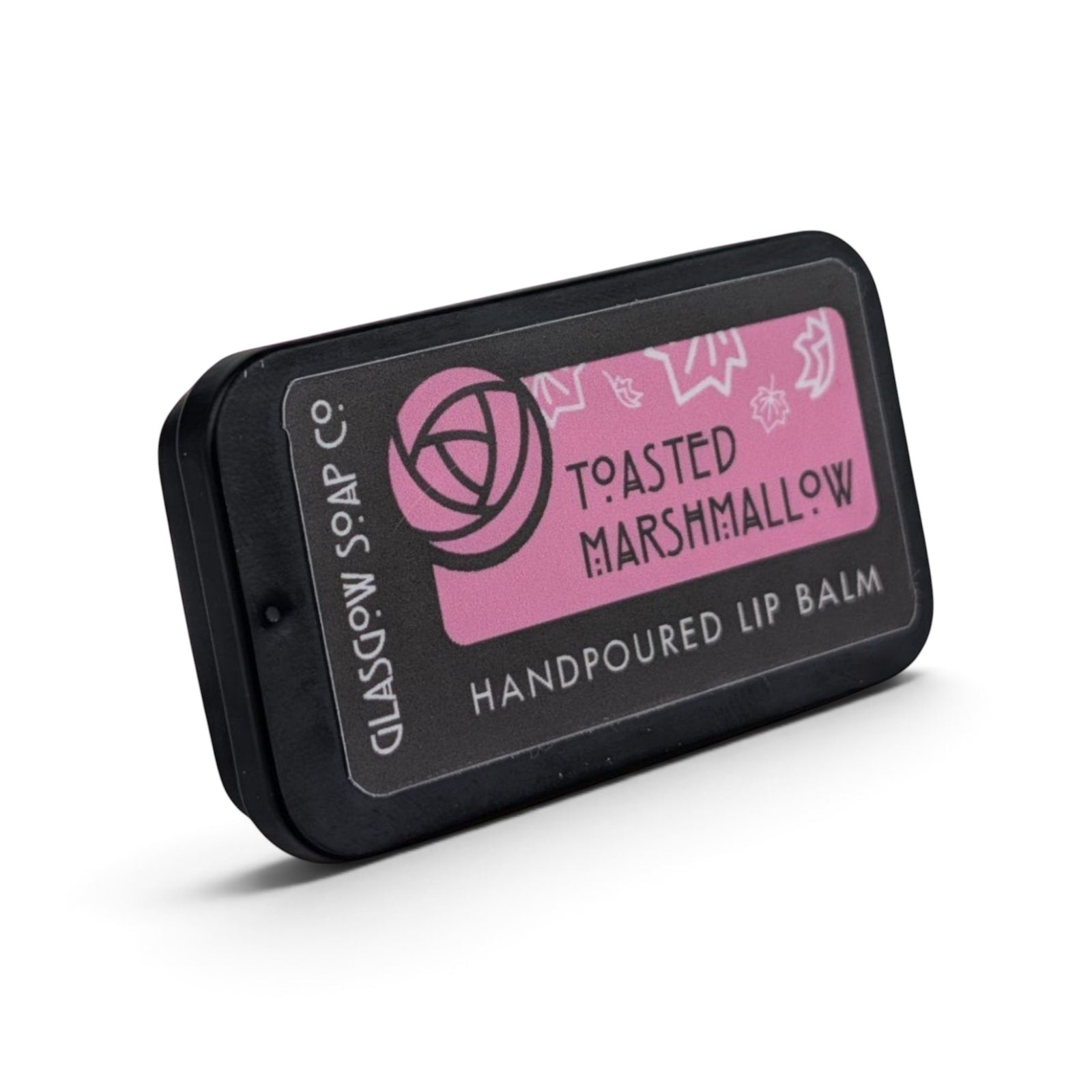 Glasgow Soap Company Ltd Toasted Marshmallow lip balm in a black sliding tin with a pink label.