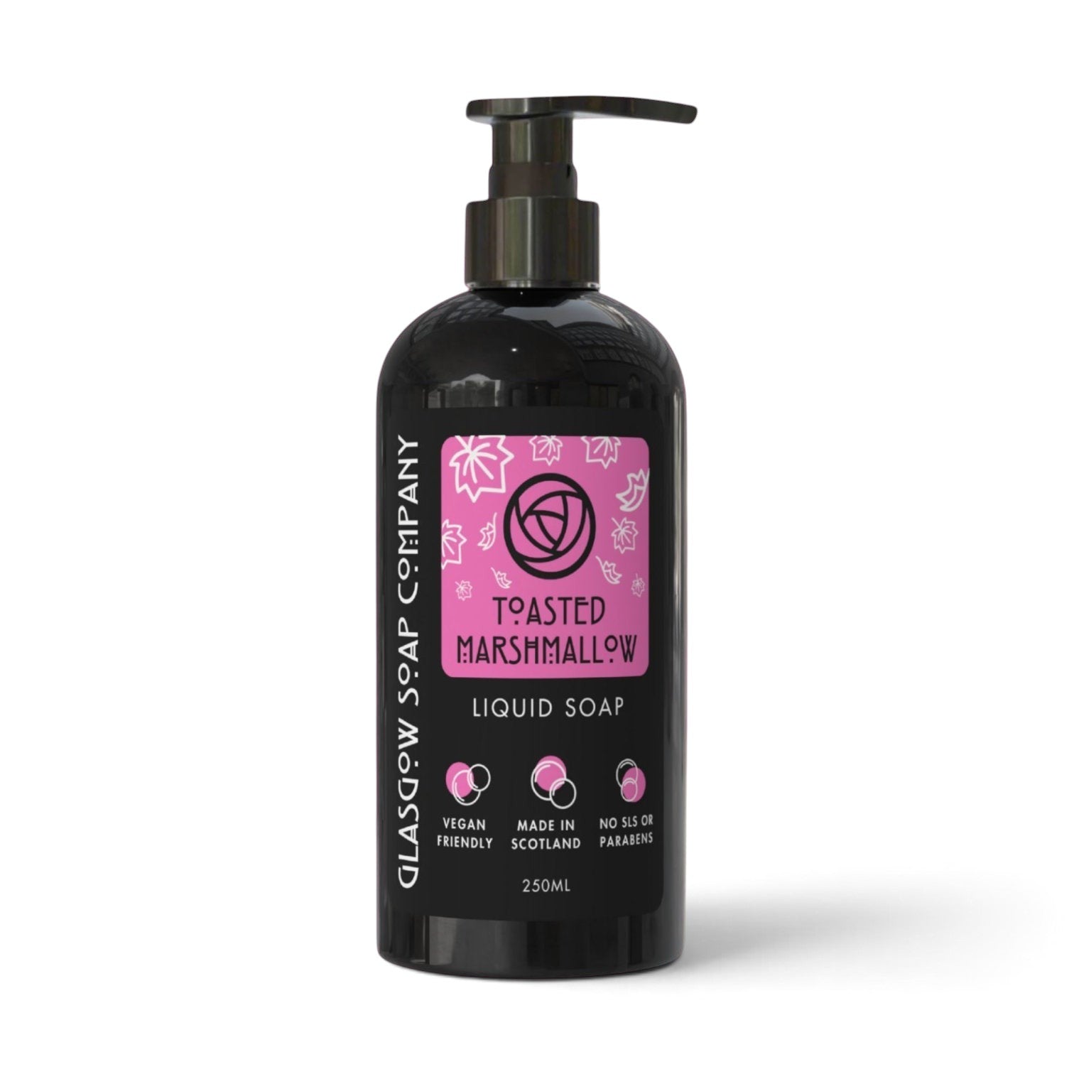 Glasgow Soap Company Ltd Toasted Marshmallow liquid soap in a 250ml black pump bottle with a pink decorative label.