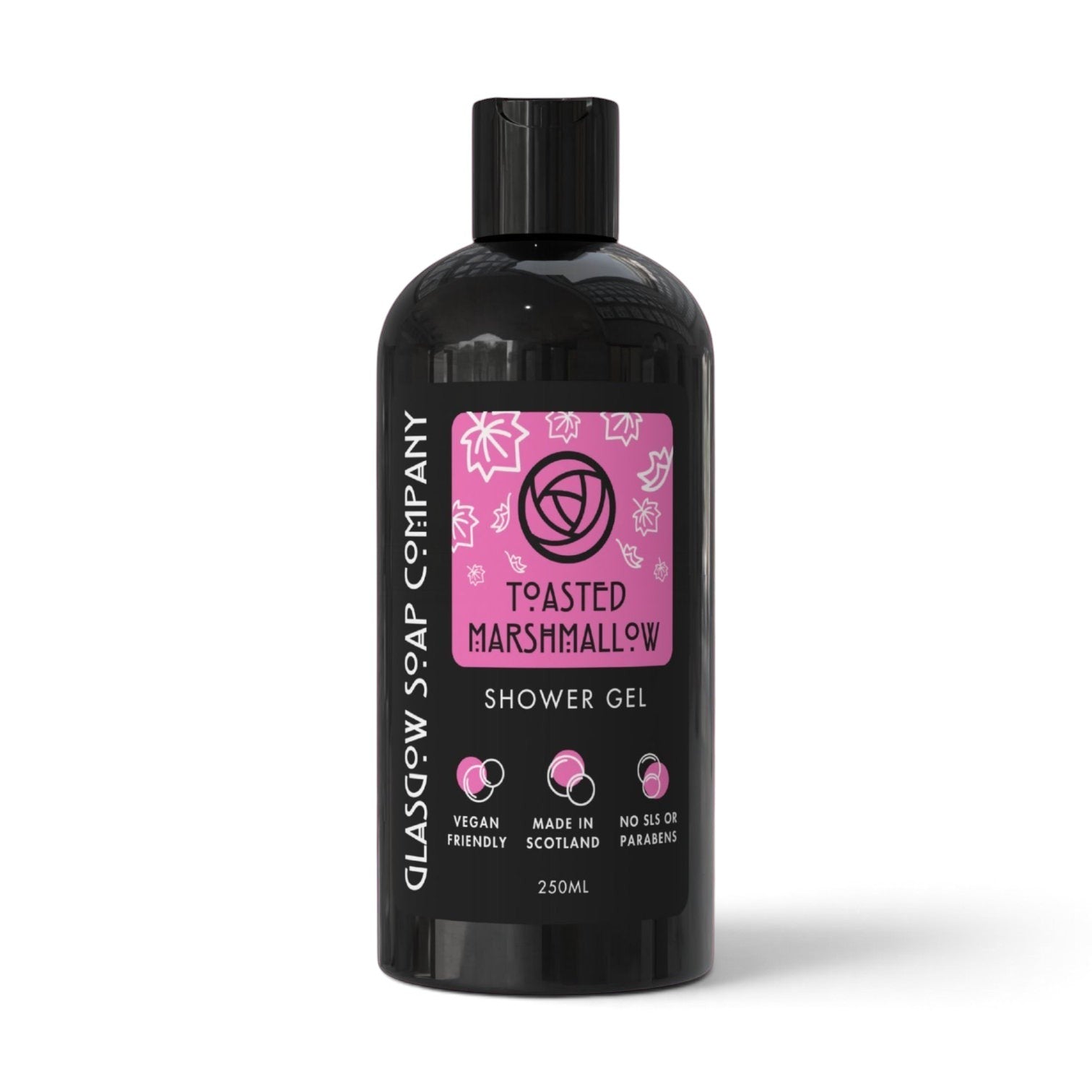Glasgow Soap Company Ltd Toasted Marshmallow shower gel in a 250ml black recyclable bottle with a pink label.