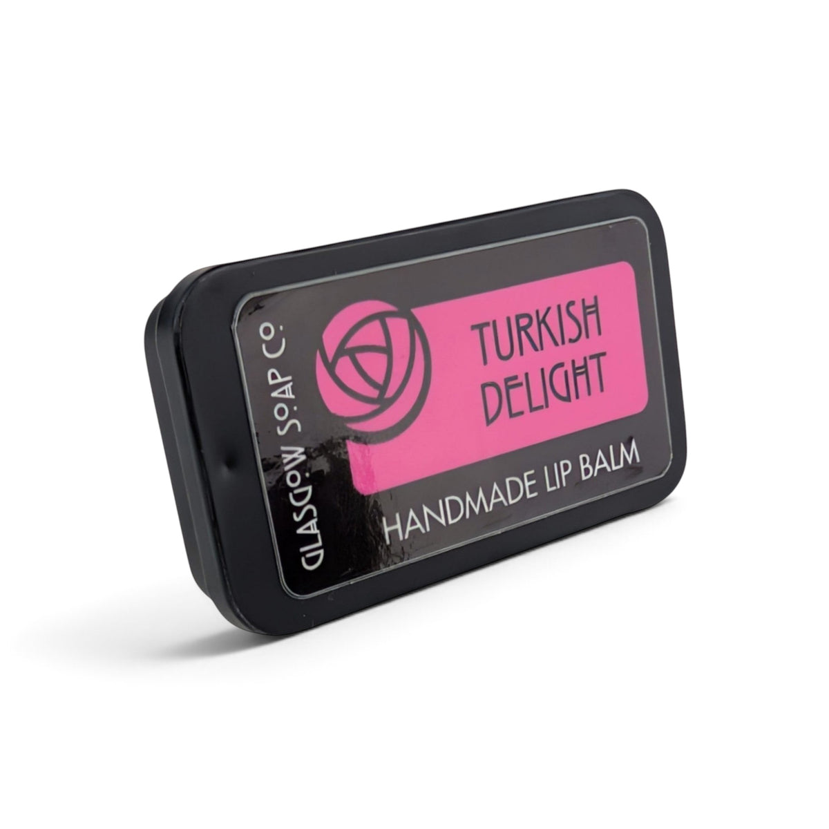 Glasgow Soap Company Ltd Turkish Delight rose-flavoured lip balm in a 15g sliding black tin.