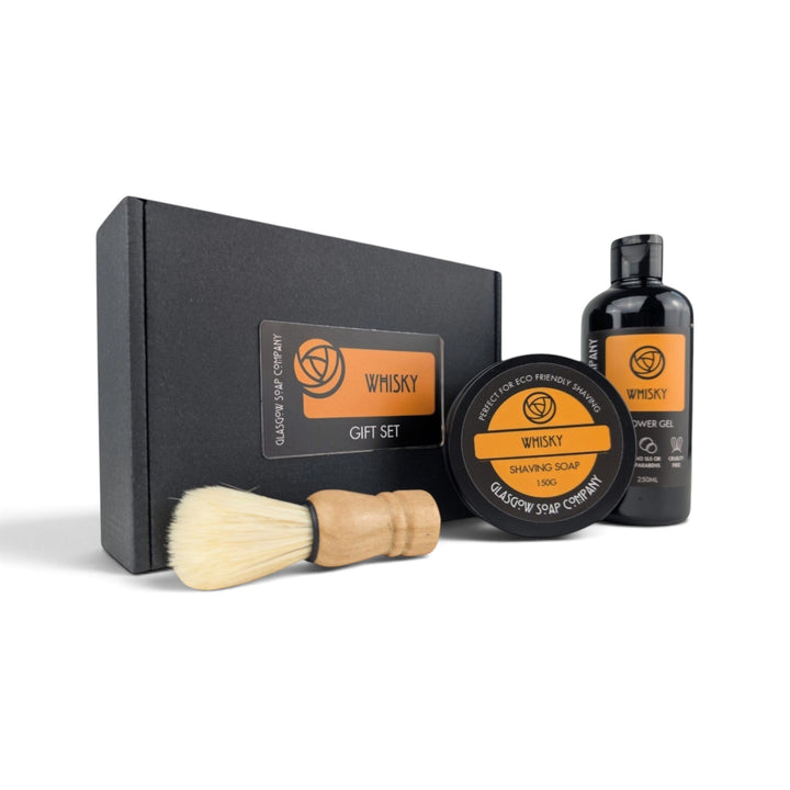 Glasgow Soap Company Ltd Whisky shower and shave gift set featuring shaving soap, vegan brush, and shower gel.