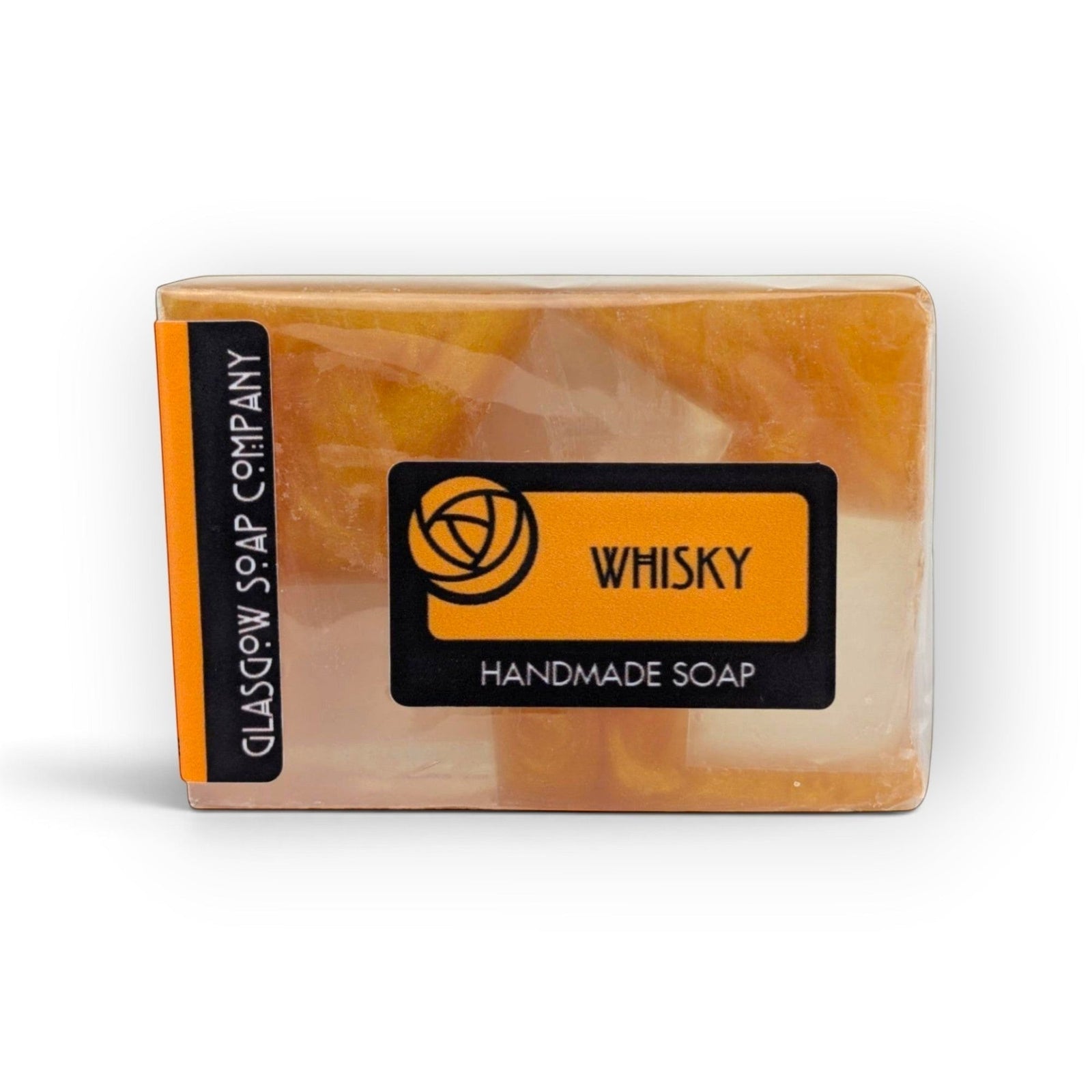 Glasgow Soap Company Ltd handmade whisky soap bar with a rich amber colour and signature smoky fragrance label