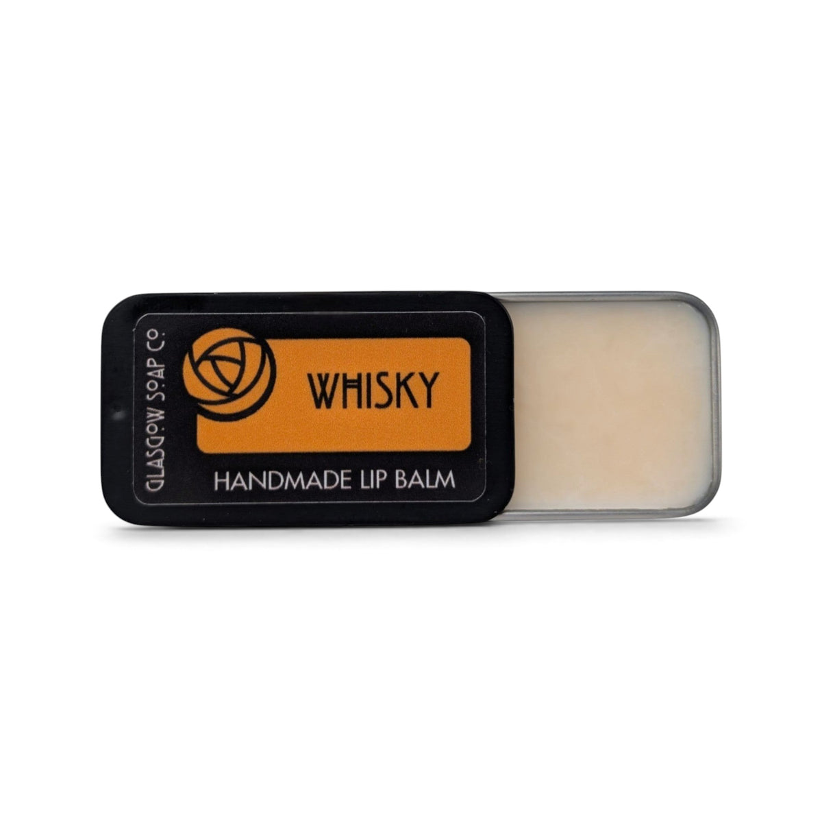 Glasgow Soap Company Ltd whisky scented handmade lip balm in a sliding black 15g tin with orange label