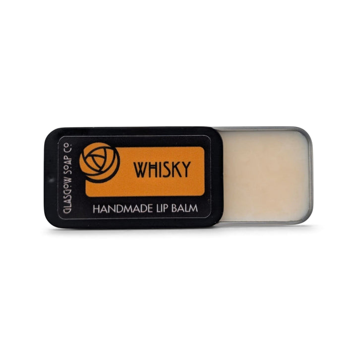 Glasgow Soap Company Ltd whisky scented handmade lip balm in a sliding black 15g tin with orange label