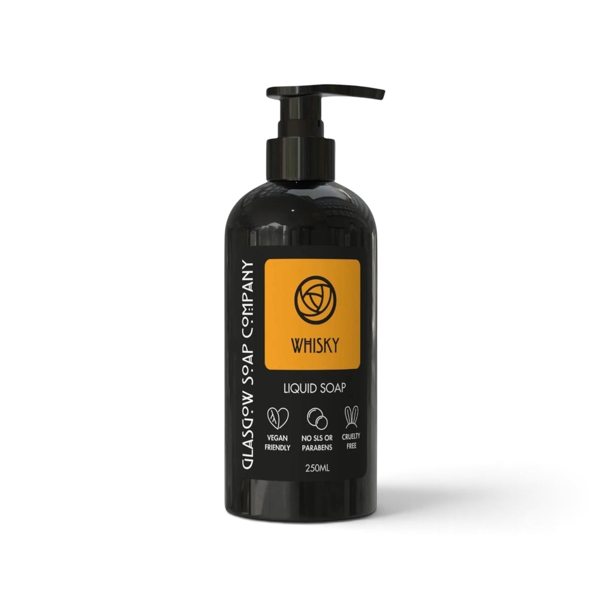 Glasgow Soap Company Ltd whisky scented liquid soap in a 250ml black pump bottle with an orange label