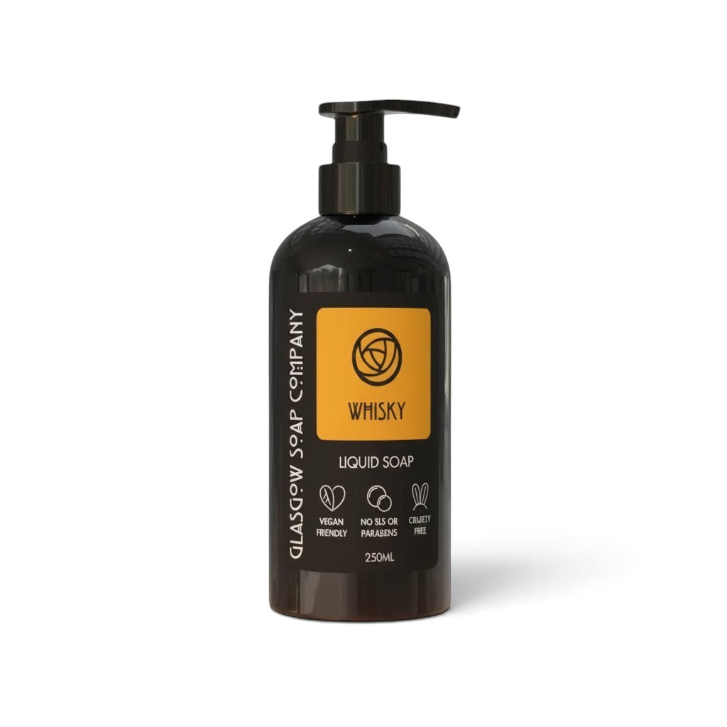 Glasgow Soap Company Ltd whisky scented liquid soap in a 250ml black pump bottle with a yellow label
