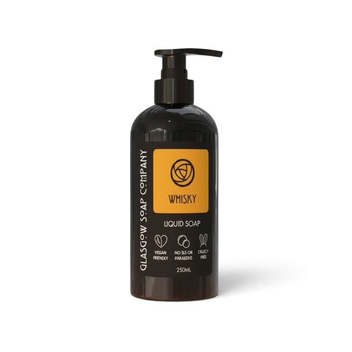 Glasgow Soap Company Ltd whisky scented liquid soap in a 250ml black pump bottle with a yellow label