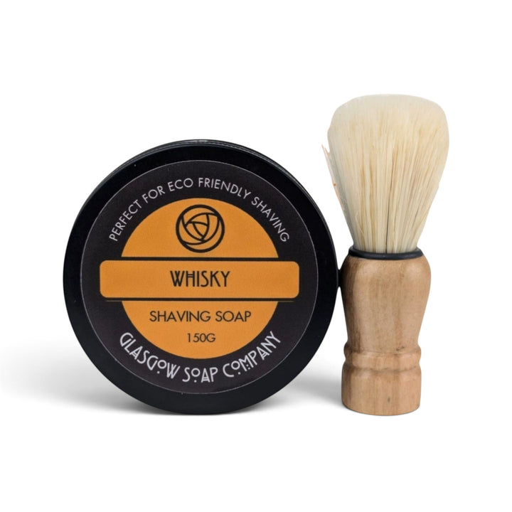 Glasgow Soap Company Ltd whisky shaving soap tin and vegan-friendly wooden shaving brush for men
