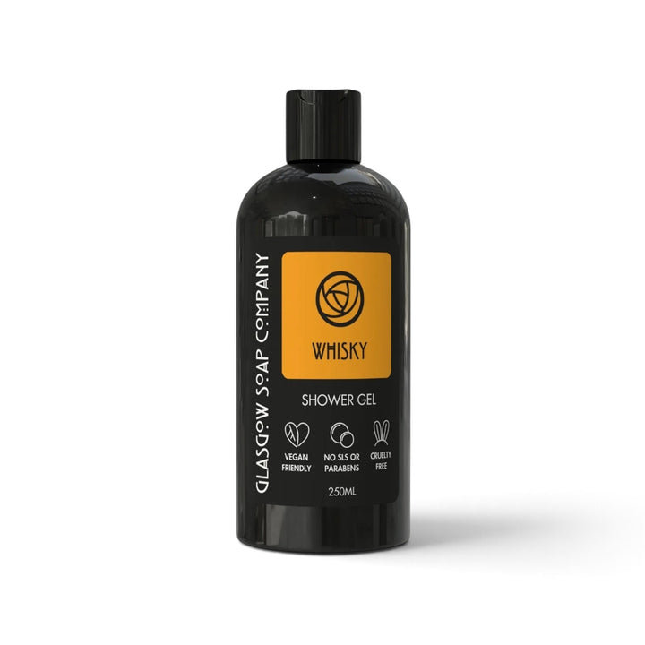 Glasgow Soap Company Ltd Whisky Shower Gel in a 250ml black recyclable bottle with an orange label.