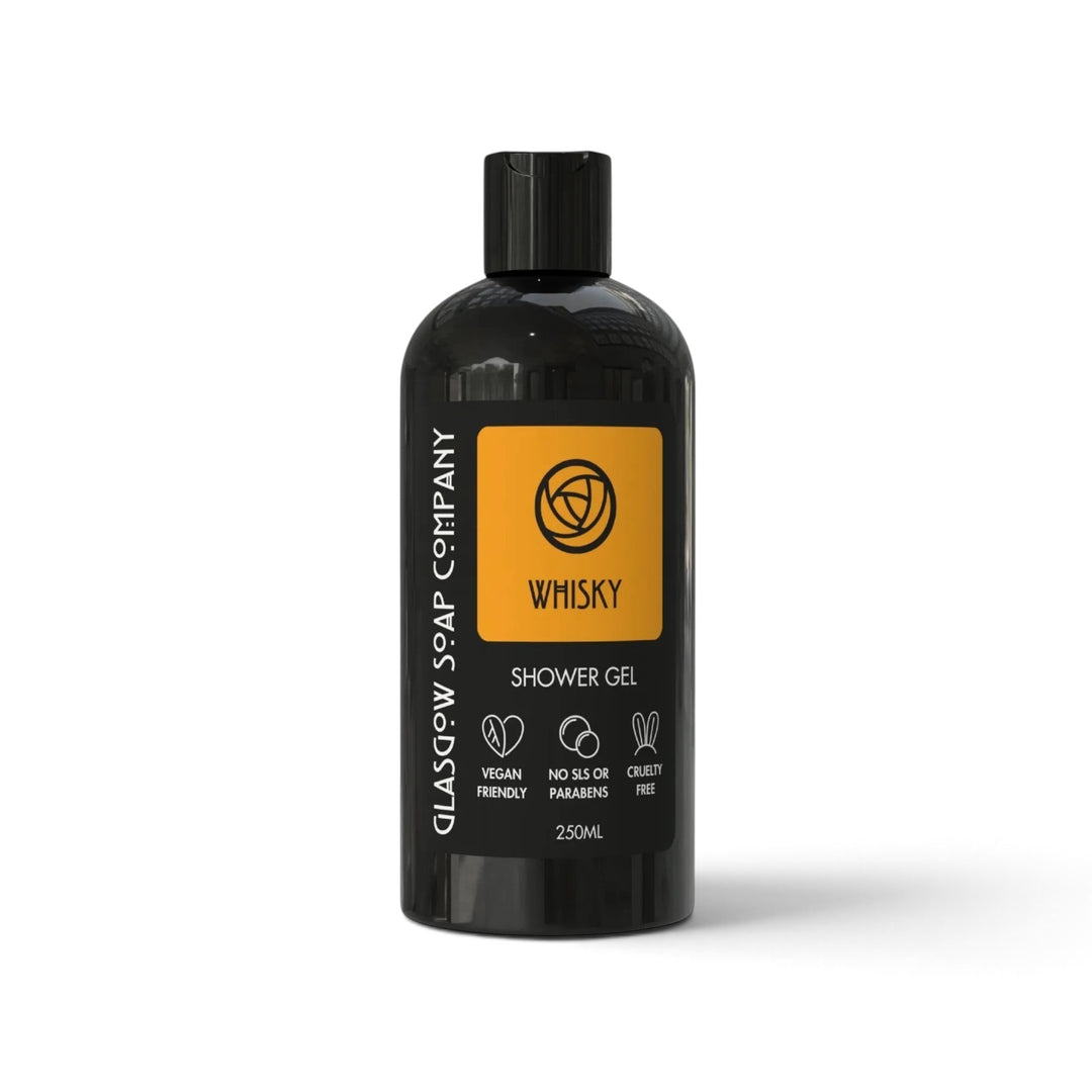 Glasgow Soap Company Ltd whisky scented shower gel in a 250ml black bottle with an orange label