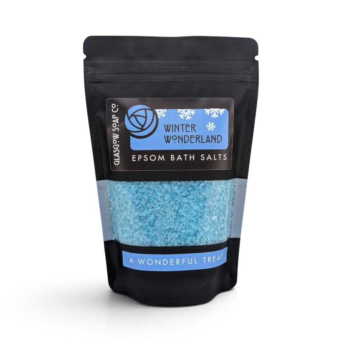 Glasgow Soap Company Ltd Winter Wonderland cranberry scented blue Epsom bath salts in a recyclable black sachet