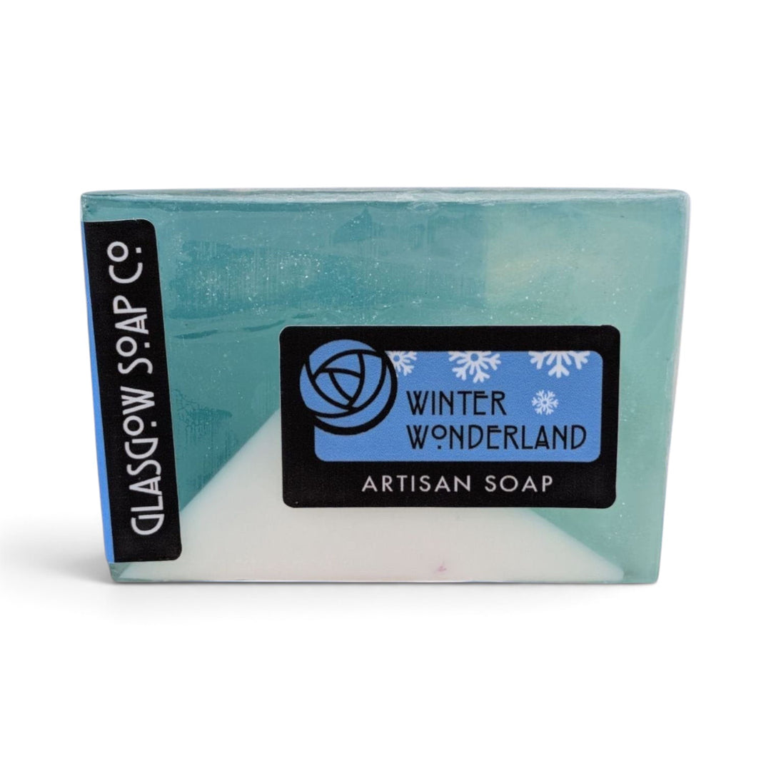 Glasgow Soap Company Ltd Winter Wonderland artisan soap bar with icy blue and white layers and biodegradable glitter.