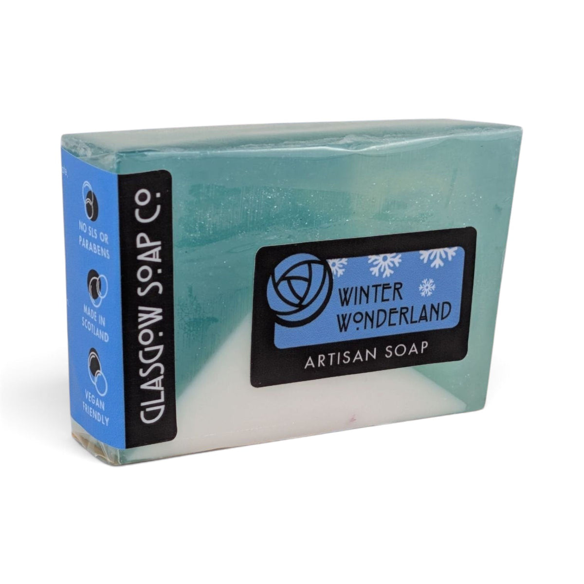 Glasgow Soap Company Ltd Winter Wonderland artisan soap bar with icy blue and white layers and cranberry fragrance.