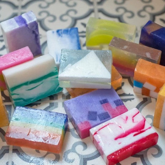 Glasgow Soap Company Ltd wonky soap pieces, assorted colours and marbled patterns, vegetable glycerine base.