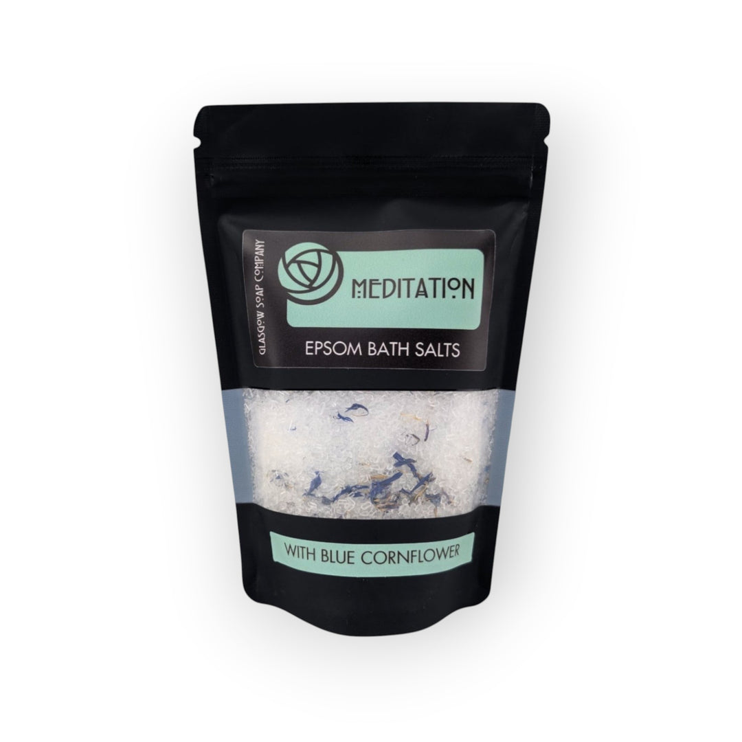 Glasgow Soap Company Ltd Meditation Epsom Bath Salts with blue cornflower petals for relaxation and muscle relief.