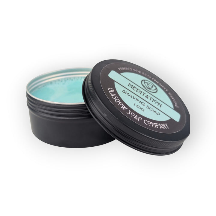 Glasgow Soap Company Ltd Meditation shaving soap in a tin, vegan friendly, floral fragrance, creates creamy lather for a close shave.