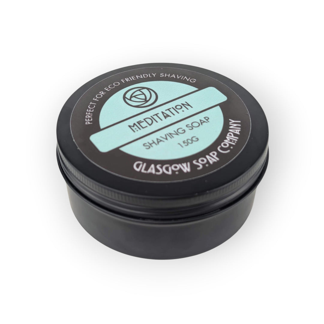 Glasgow Soap Company Ltd Meditation shaving soap in a black tin, 150g, vegan, floral fragrance.