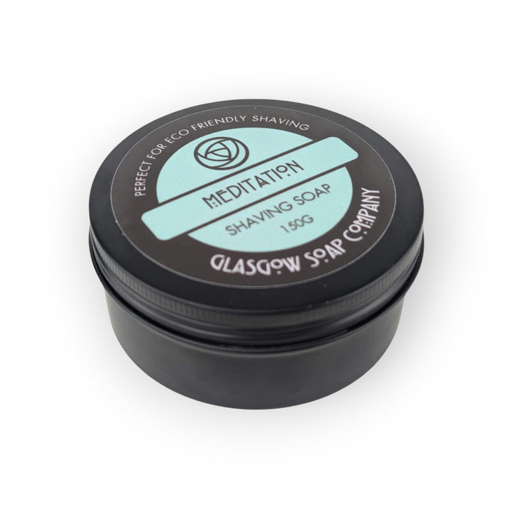 Glasgow Soap Company Ltd Meditation shaving soap in a black tin, 150g, vegan, floral fragrance.