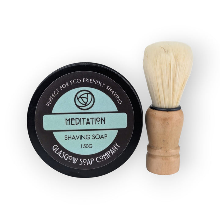 Glasgow Soap Company Ltd Meditation shaving soap in a tin with a wooden handled shaving brush. Vegan friendly.