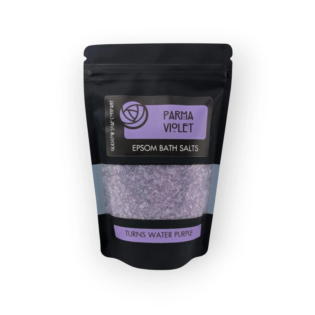 Glasgow Soap Company Ltd Parma Violet Epsom Bath Salts in a black pouch, turns water purple.