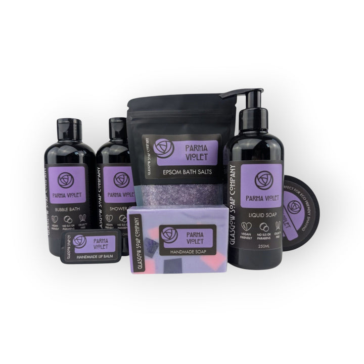 Glasgow Soap Company Ltd Parma Violet Epsom Bath Salts in a black pouch with purple label. Vegan friendly.