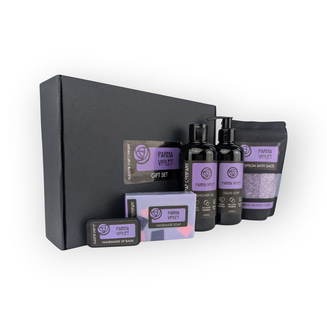 Glasgow Soap Company Parma Violet large gift set with liquid soap, shower gel, bath salts, handmade soap, and lip balm.
