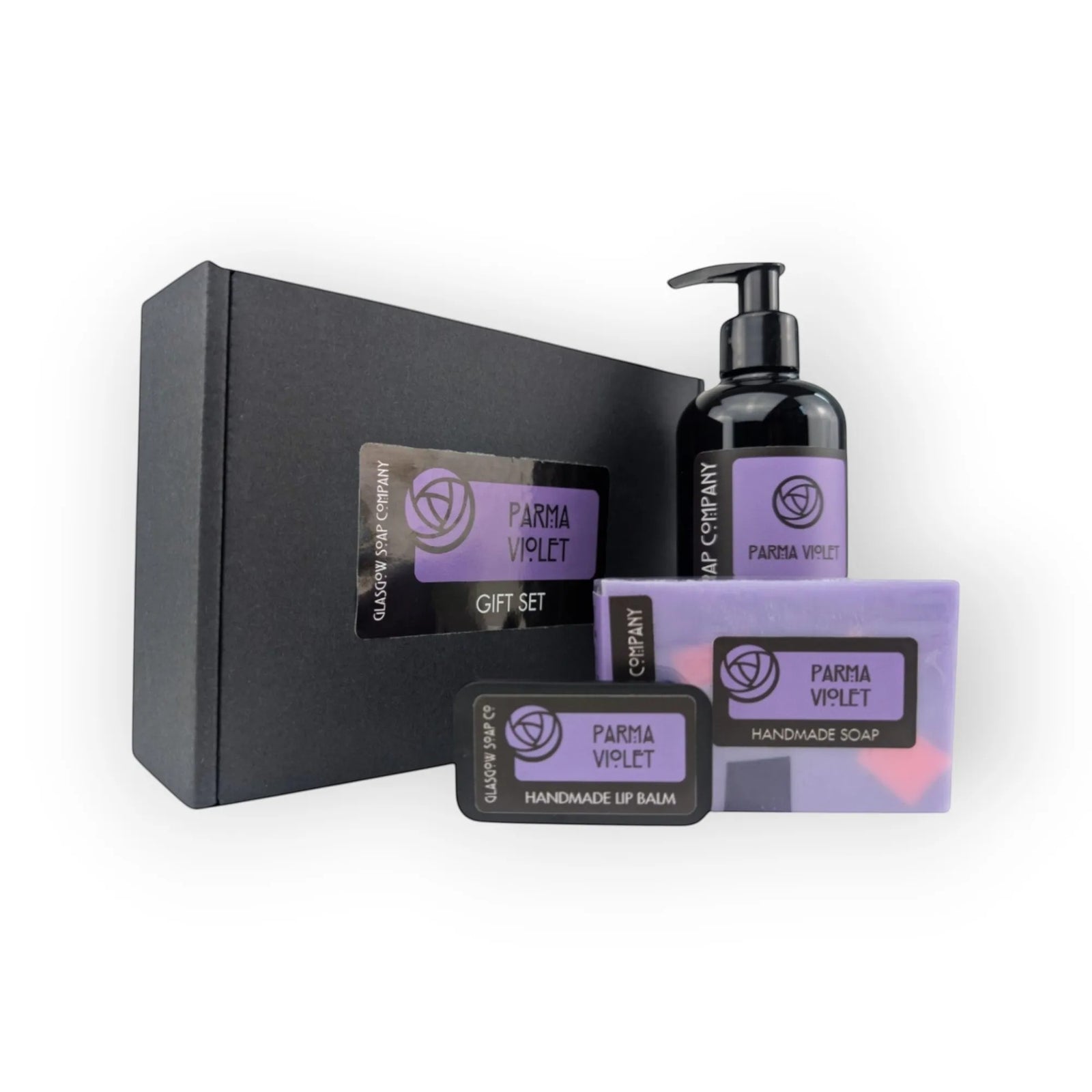 Glasgow Soap Company Ltd Parma Violet gift set with liquid soap, handmade soap, and lip balm. Vegan and cruelty-free.