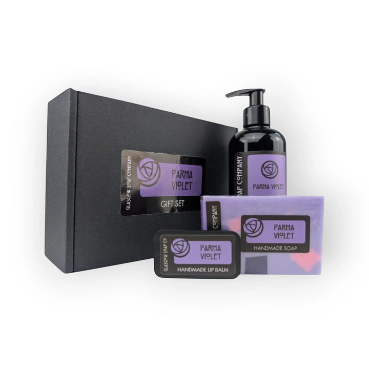 Glasgow Soap Company Ltd Parma Violet gift set with liquid soap, handmade soap, and lip balm. Vegan and cruelty-free.