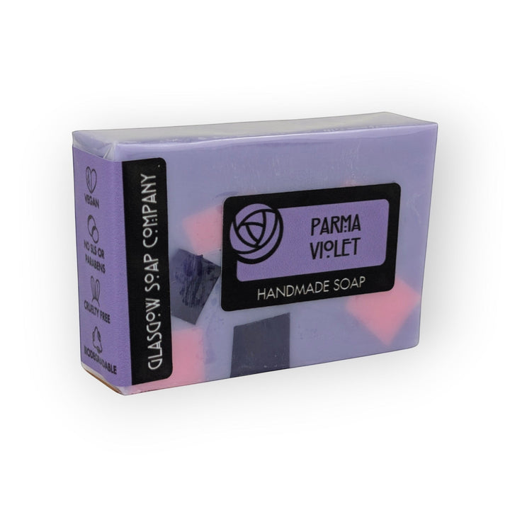 Glasgow Soap Company Ltd Parma Violet handmade soap slice, vegan, SLS/paraben-free, cruelty-free, biodegradable. Purple with pink and dark purple inclusions.