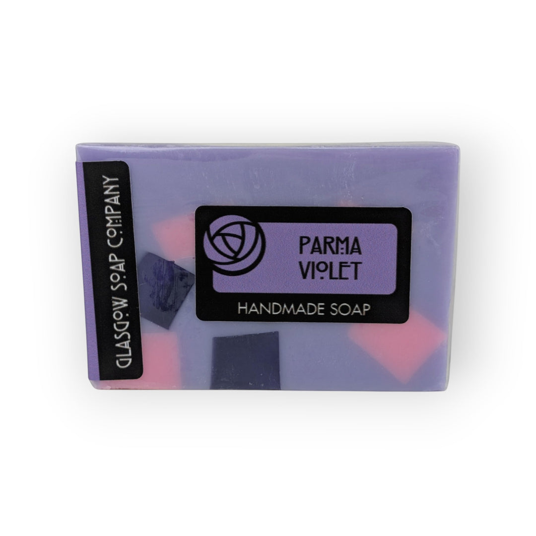 Glasgow Soap Company Ltd Parma Violet handmade soap with pink and purple flecks. Vegan and cruelty-free.