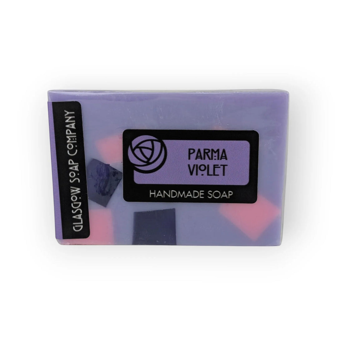 Glasgow Soap Company Parma Violet handmade soap slice with pink and purple inclusions.