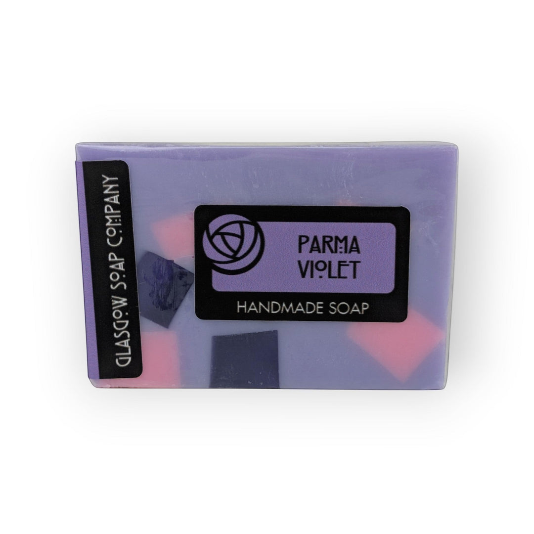 Glasgow Soap Company Ltd Parma Violet handmade soap slice with purple, pink, and dark blue inclusions. Vegan, SLS &amp; paraben free.
