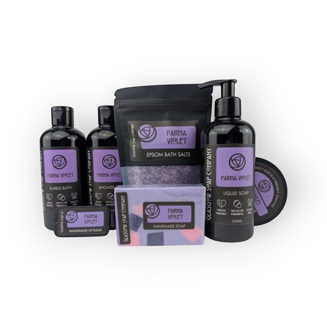 Glasgow Soap Company Ltd Parma Violet handmade soap slice with purple and pink swirls, vegan, SLS &amp; paraben free.