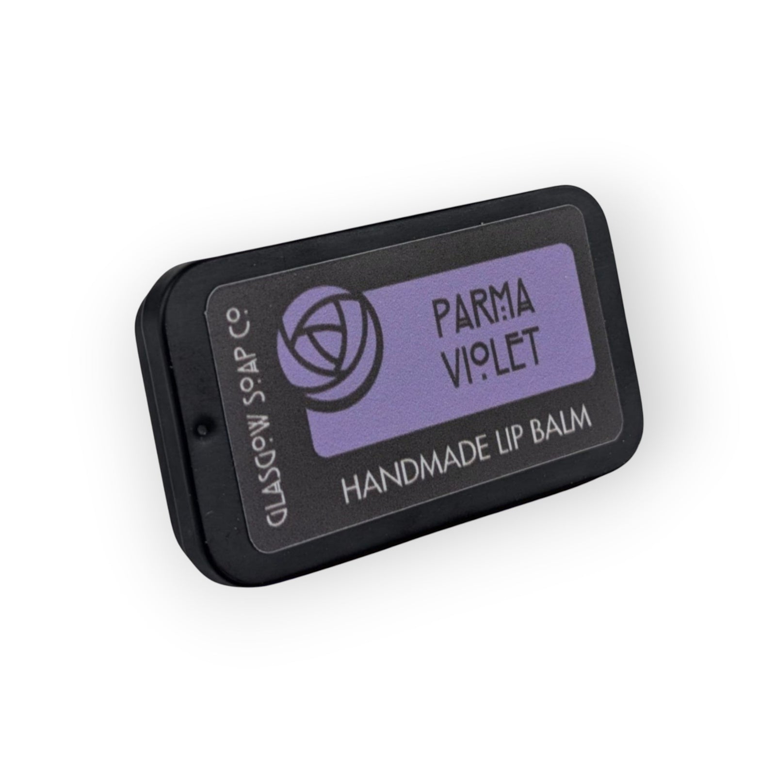 Glasgow Soap Company Ltd Parma Violet handmade lip balm in a black tin, made with coconut oil, shea butter and beeswax.