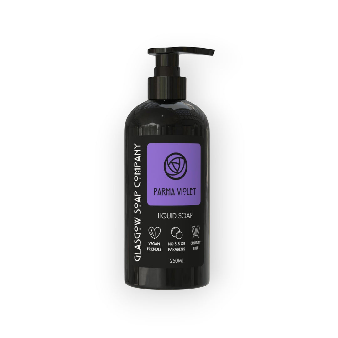 Glasgow Soap Company Parma Violet liquid soap in a black pump bottle with a purple label. 250ml.