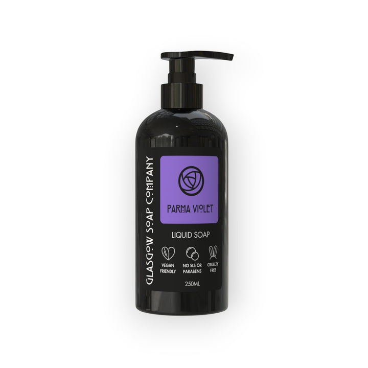 Glasgow Soap Company Parma Violet liquid soap in a black pump bottle with a purple label. 250ml.