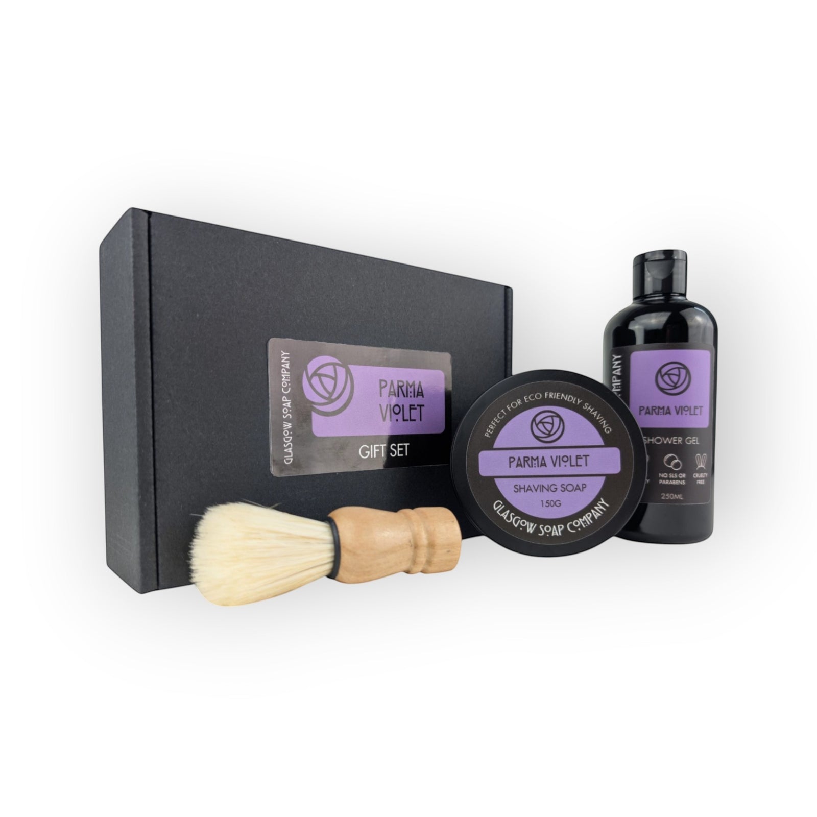 Glasgow Soap Company Ltd Parma Violet gift set with shaving soap, brush, and shower gel. Features a classic parma violet fragrance.