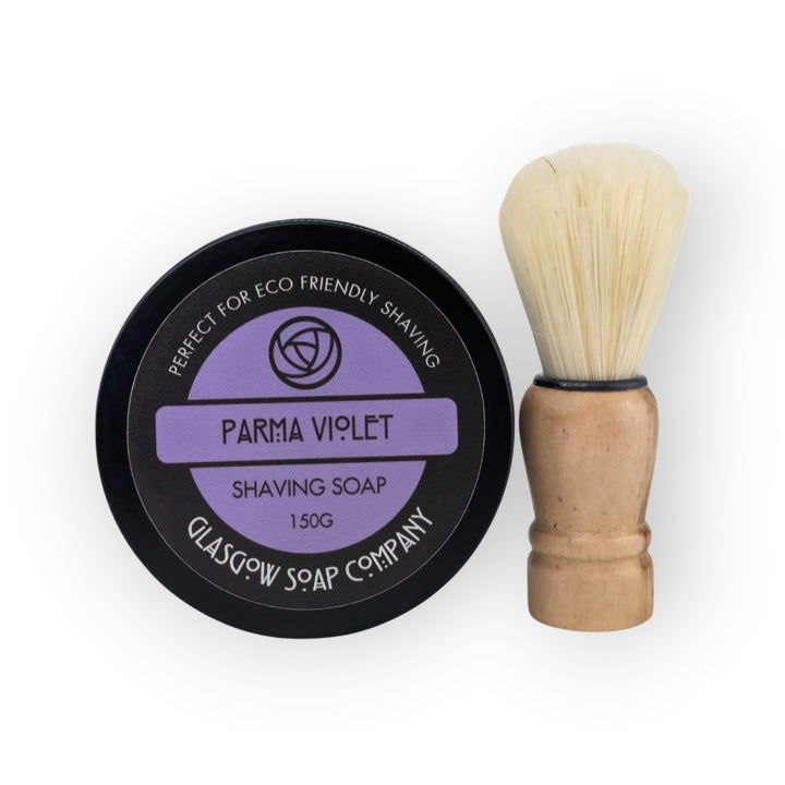 Glasgow Soap Company Parma Violet shaving soap in tin with vegan shaving brush. Classic floral scent.