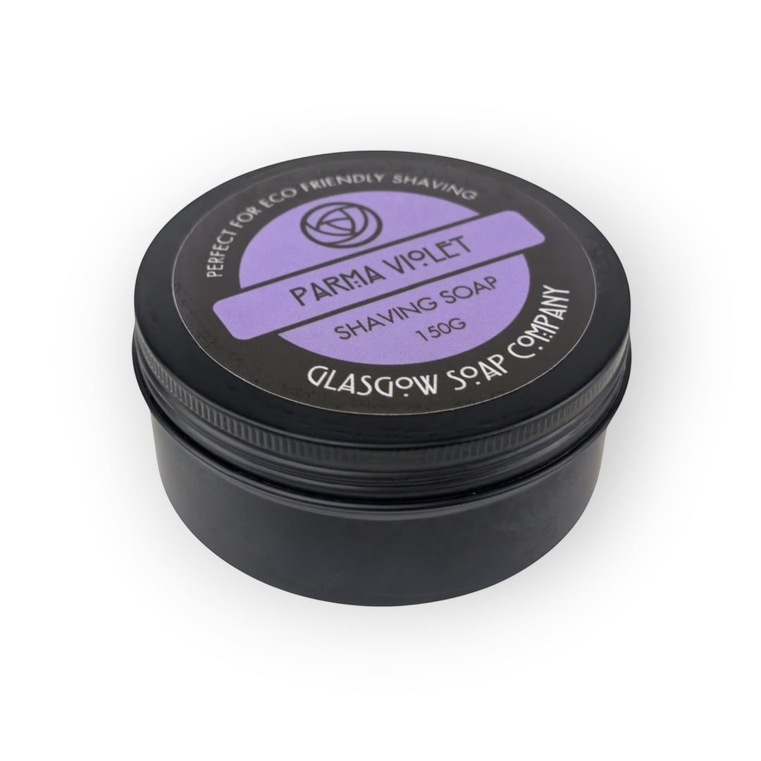 Glasgow Soap Company Ltd Parma Violet shaving soap in a black tin with a purple label. 150g.
