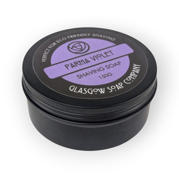 Glasgow Soap Company Parma Violet shaving soap in a black tin, 150g, vegan friendly for face and body.