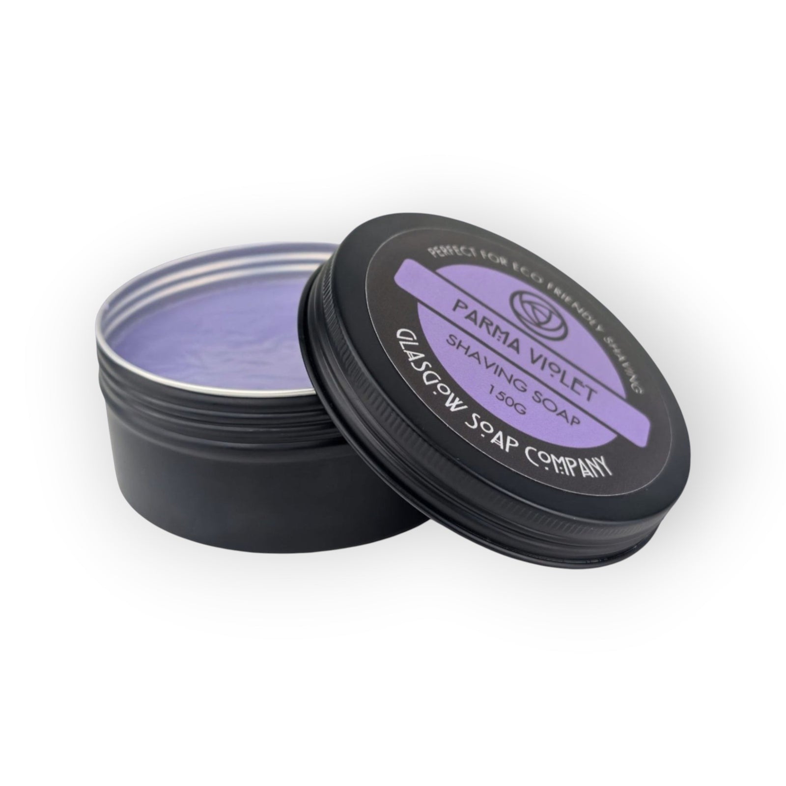 Glasgow Soap Company Parma Violet shaving soap in a black tin, vegan friendly, 150g.