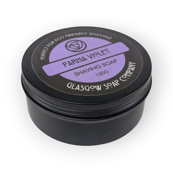 Glasgow Soap Company Parma Violet shaving soap in a black tin with a purple label. Vegan friendly, 150g.