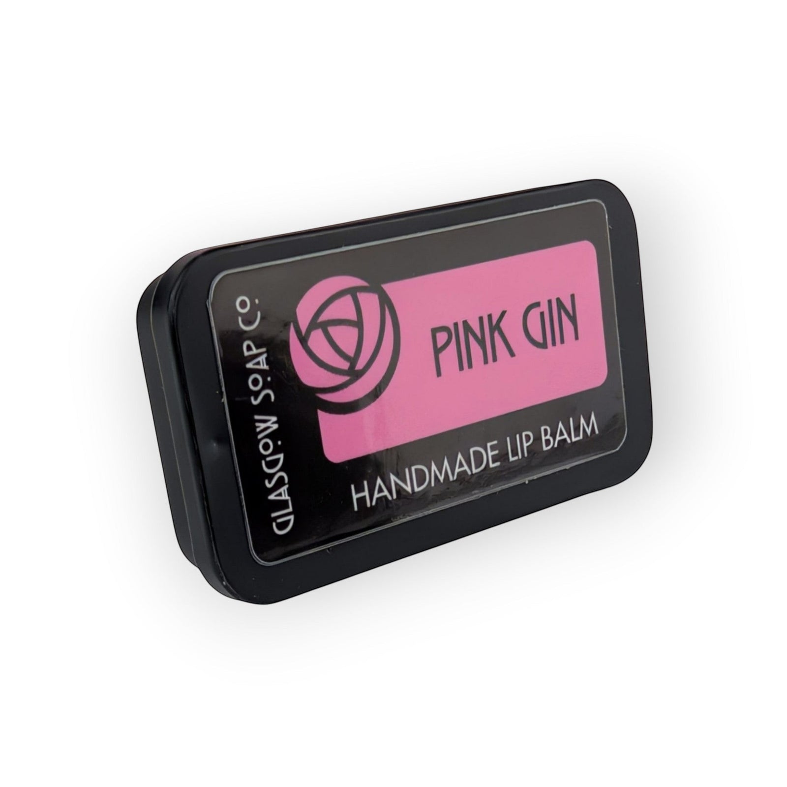Glasgow Soap Company Ltd pink gin handmade lip balm in a black tin, raspberry flavour.