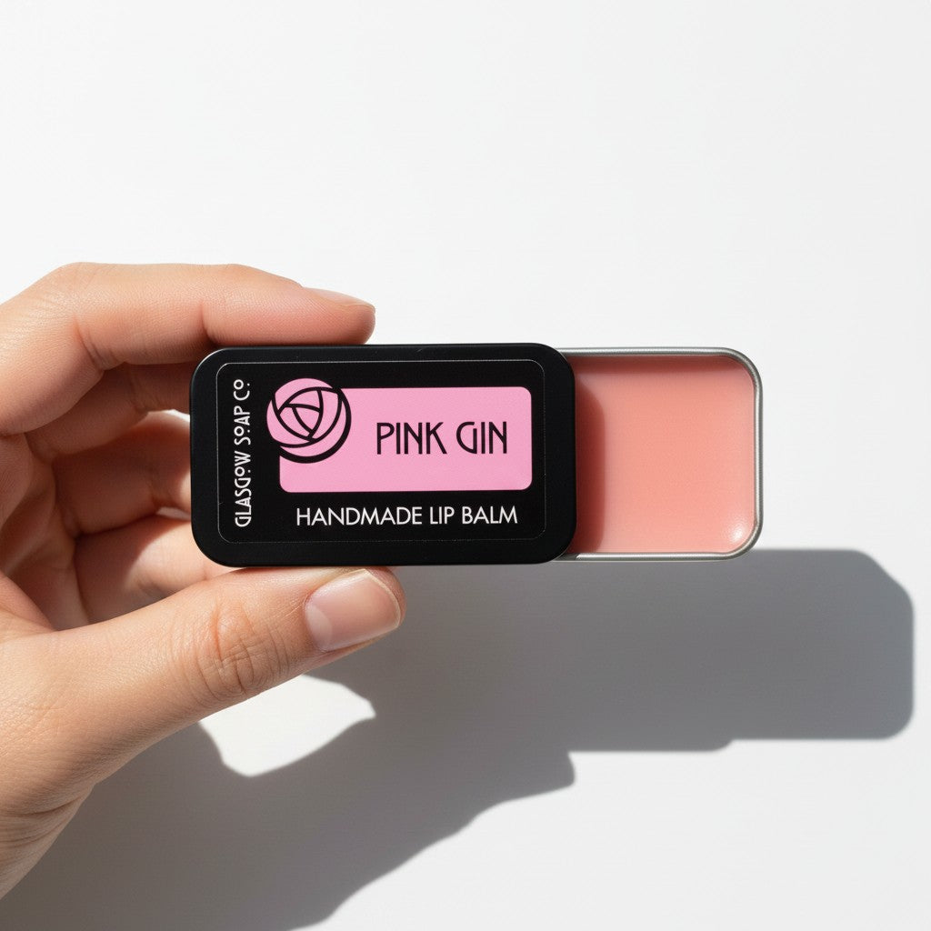 Glasgow Soap Company Ltd pink gin handmade lip balm with raspberry flavour, made with coconut oil, shea butter and beeswax.