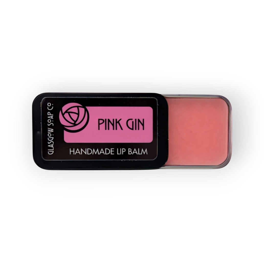 Glasgow Soap Company Ltd pink gin handmade lip balm with raspberry flavour, made with coconut oil, shea butter, and beeswax.